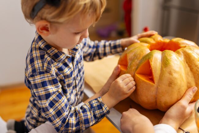 A child carving a pumpkin.